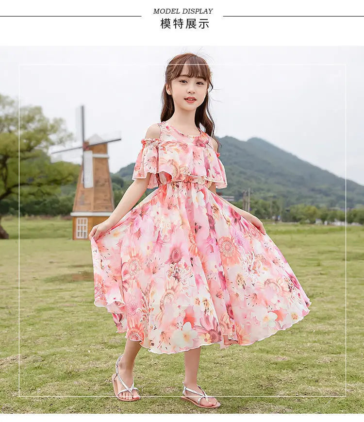 New Girls' Summer Floral Beach Dress – Bohemian Style for Ages 5-11