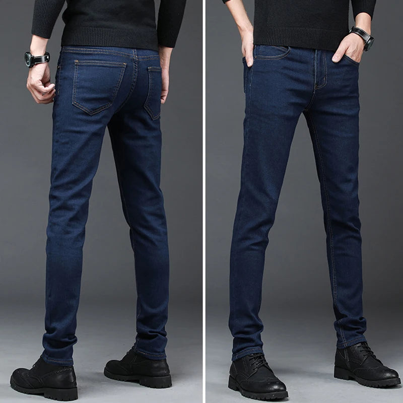 Men's Slim Fit High-Elastic Denim Jeans - Mid-Waist Straight Fashion