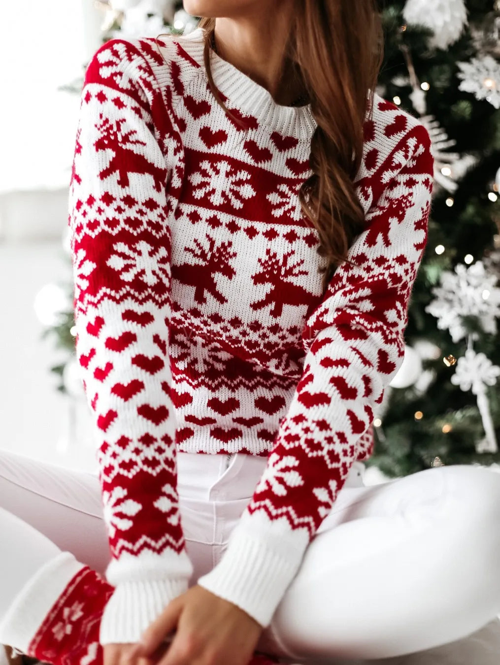 Autumn Winter Christmas Sweater Ladies Women Knitted Pullover Women Sweater Snowflake Elk Print Sweaters Jumper