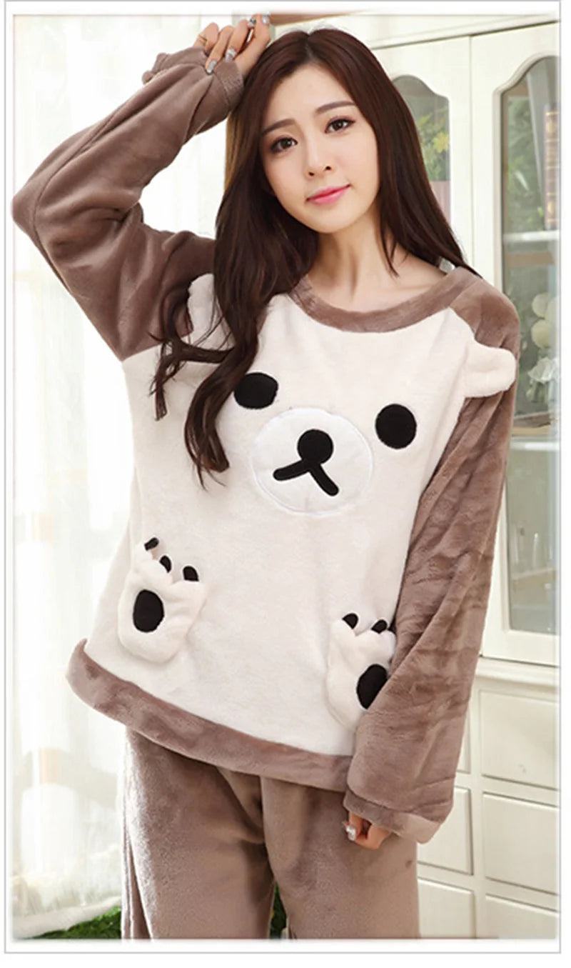 Autumn Winter Women's Flannel Pajama Set - Cartoon Bear Sleepwear
