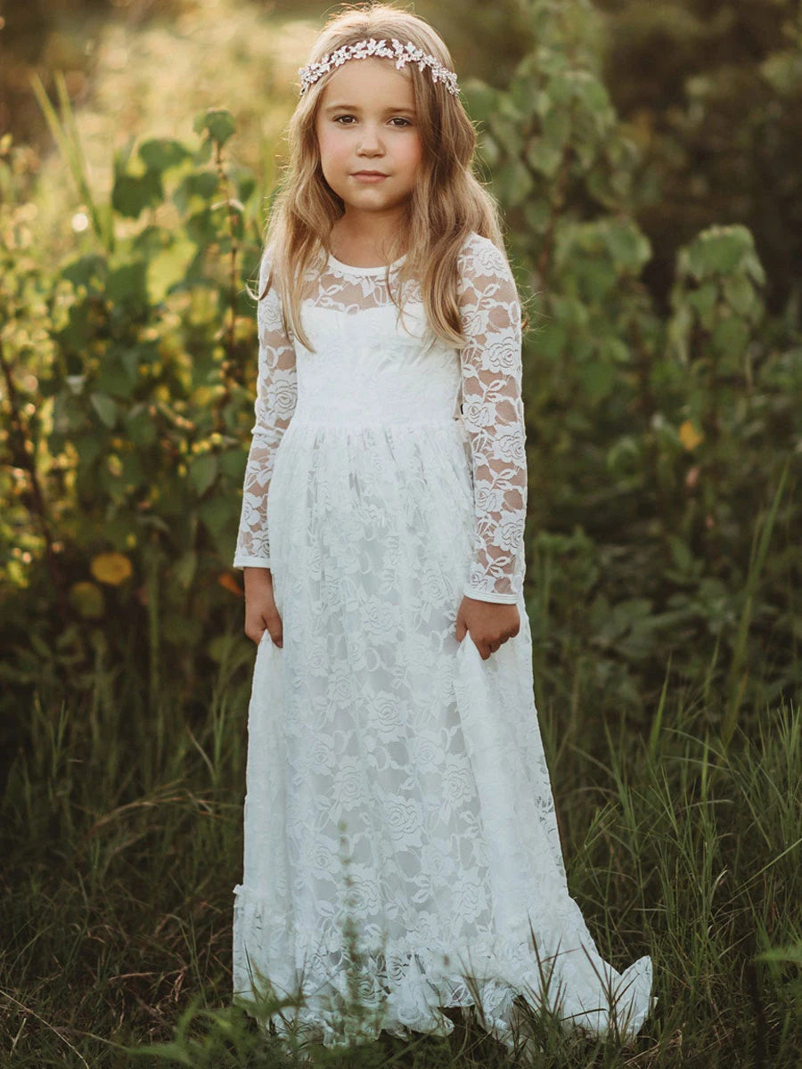 Flower Girl Dress: Long Sleeve White & Beige Summer Dress