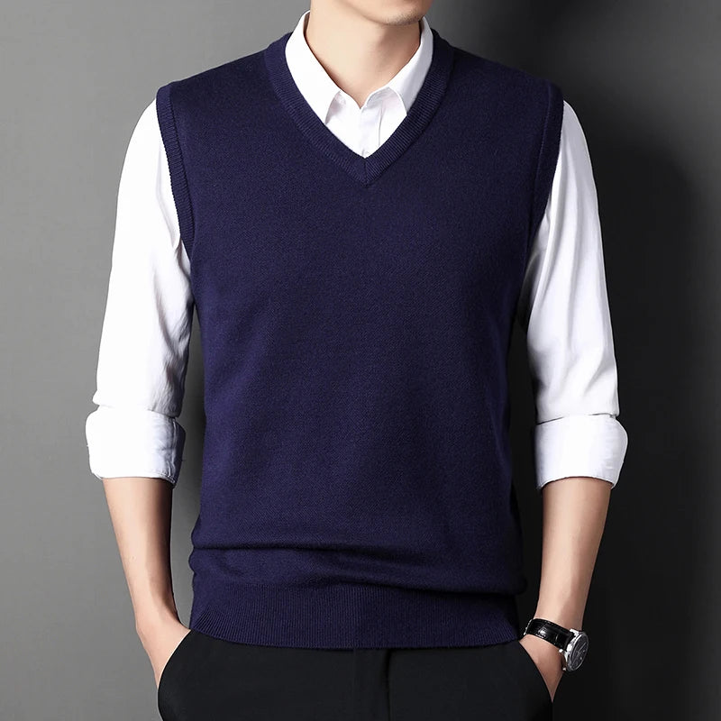 Men’s V-neck Knit Vest – Retro Solid Color, Casual Woolen, All-match for Autumn