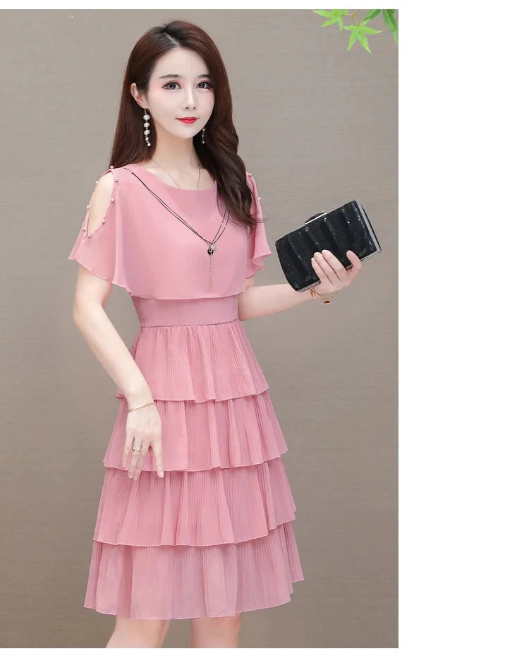 Summer Chiffon O-Neck Beaded Ruffle Beach Party Dress
