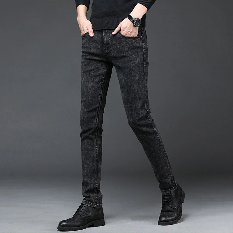 Men's Slim Fit High-Elastic Denim Jeans - Mid-Waist Straight Fashion