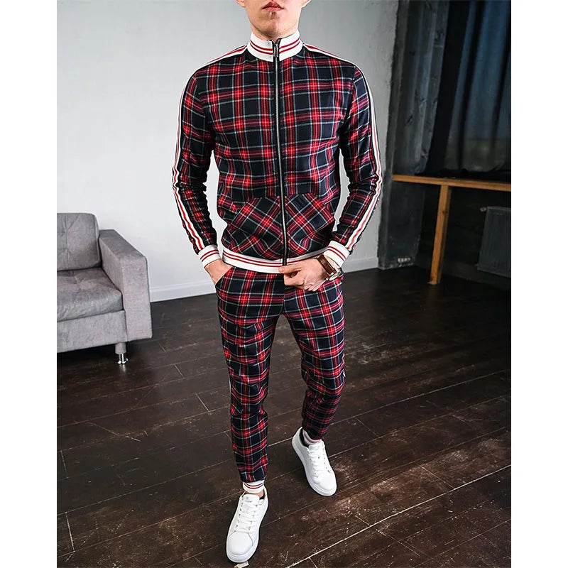 Men's Colorful Plaid Tracksuit 3D Print Hoodie Set - Autumn Casual