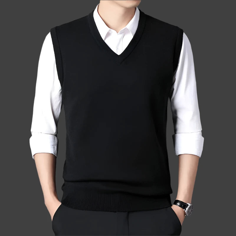 Men’s V-neck Knit Vest – Retro Solid Color, Casual Woolen, All-match for Autumn