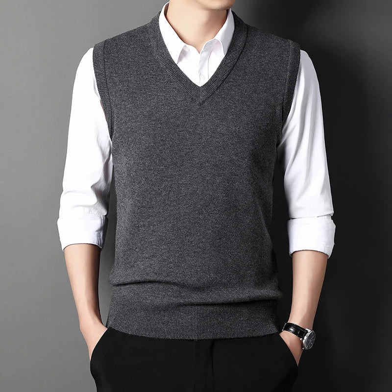Men’s V-neck Knit Vest – Retro Solid Color, Casual Woolen, All-match for Autumn