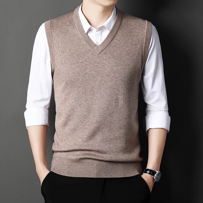 Men’s V-neck Knit Vest – Retro Solid Color, Casual Woolen, All-match for Autumn