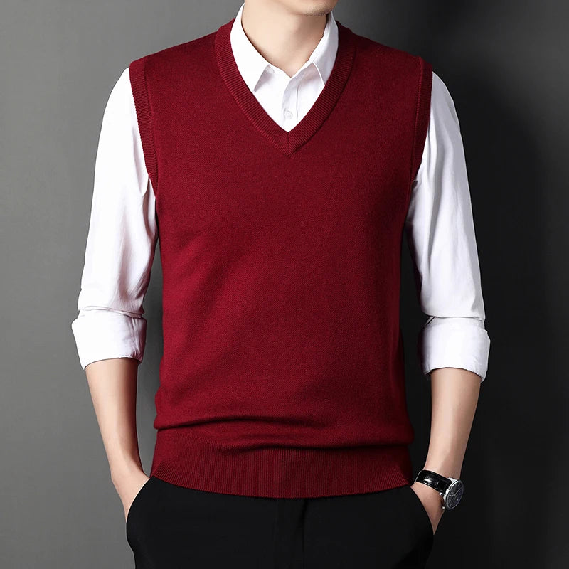 Men’s V-neck Knit Vest – Retro Solid Color, Casual Woolen, All-match for Autumn