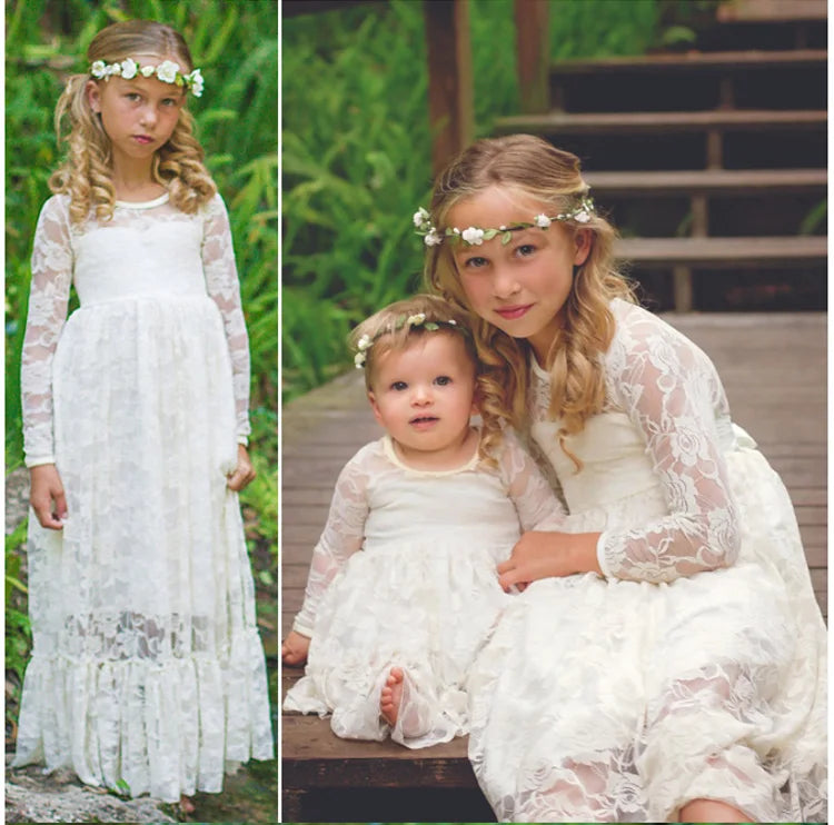 Flower Girl Dress: Long Sleeve White & Beige Summer Dress