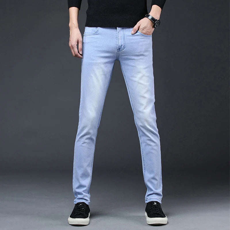 Men's Slim Fit High-Elastic Denim Jeans - Mid-Waist Straight Fashion