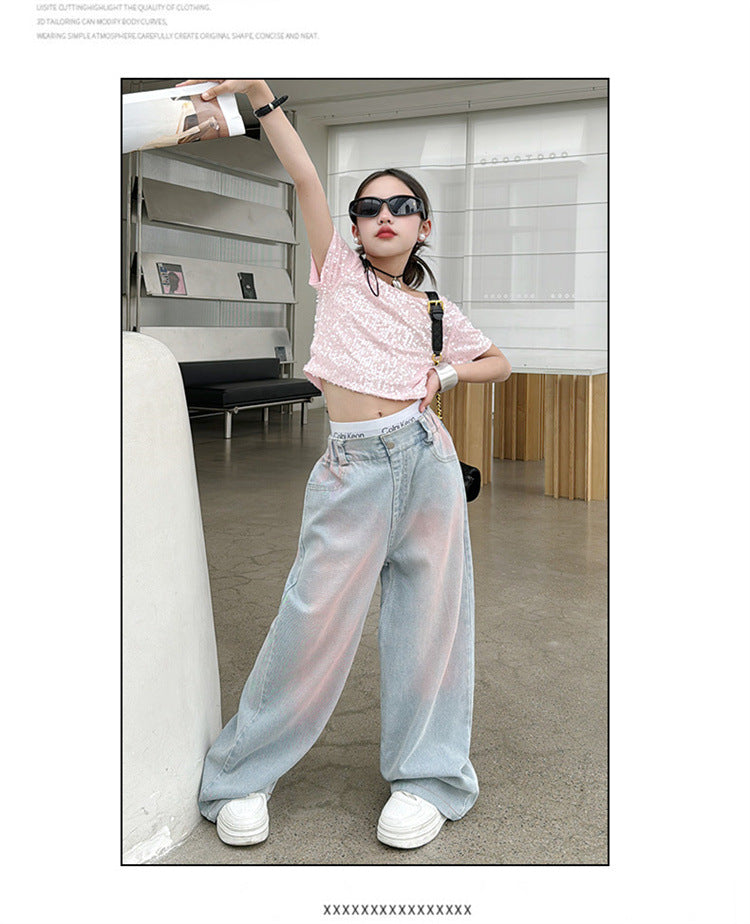 Girls' Summer 2-Piece Set - Pink Diamond T-Shirt & Tie-Dyed Wide Leg Jeans