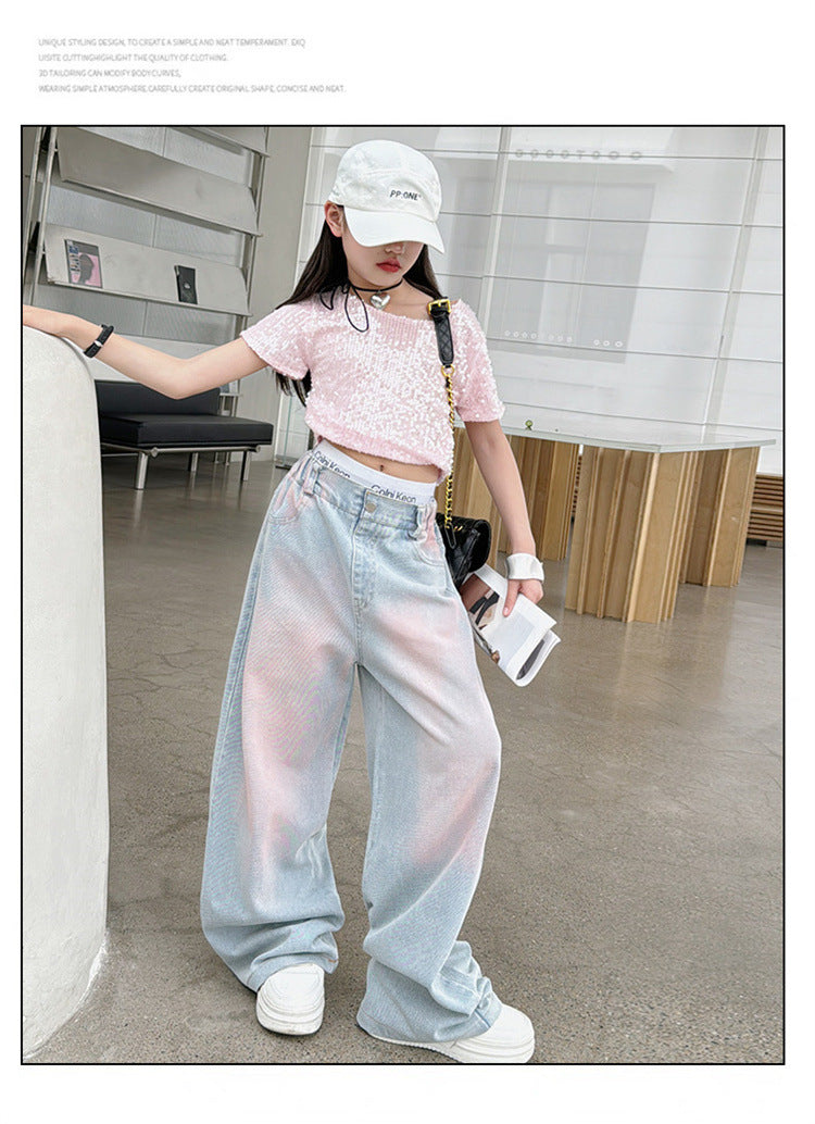 Girls' Summer 2-Piece Set - Pink Diamond T-Shirt & Tie-Dyed Wide Leg Jeans