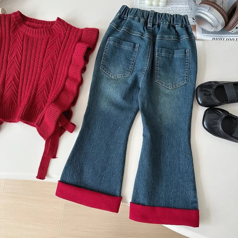 3-Piece Girls' Autumn Winter Outfit Set – Long Sleeve Shirt, Knitted Sweater Vest, and Jeans for Toddlers