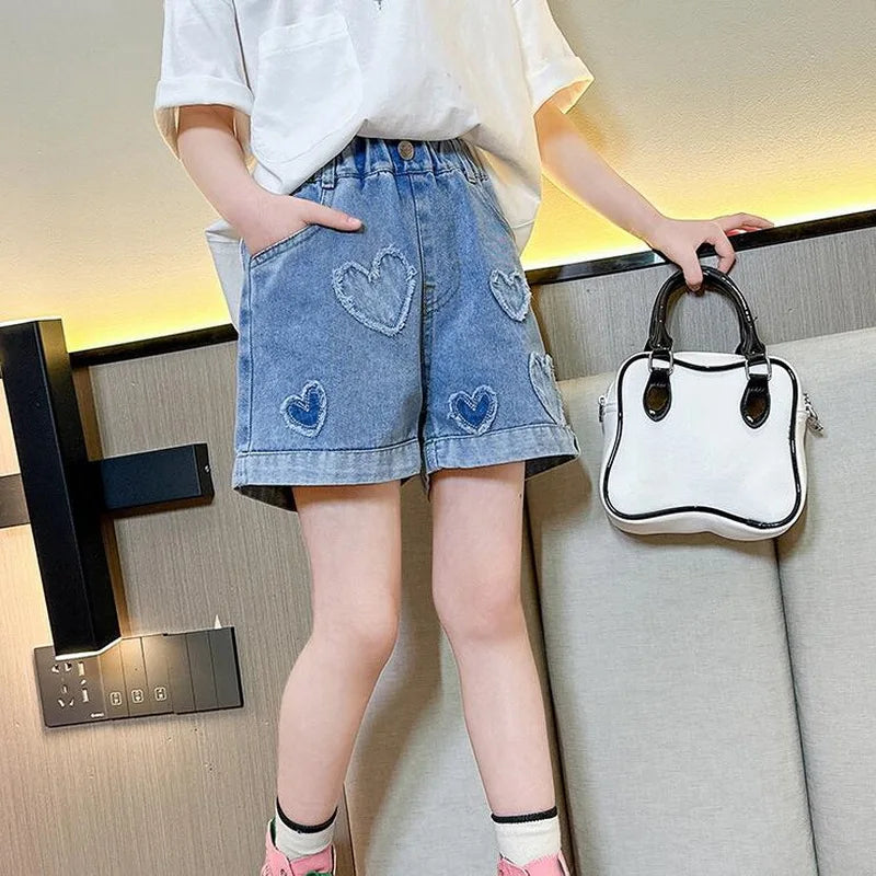 Cute Pearl Heart Denim Shorts for Girls