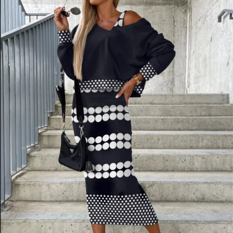 Womens Fashion Two Piece Dress Set Sexy Bat Sleeve Off Shoulder Top & Mid-Calf Dress Set New Casual Long Dress Outfit