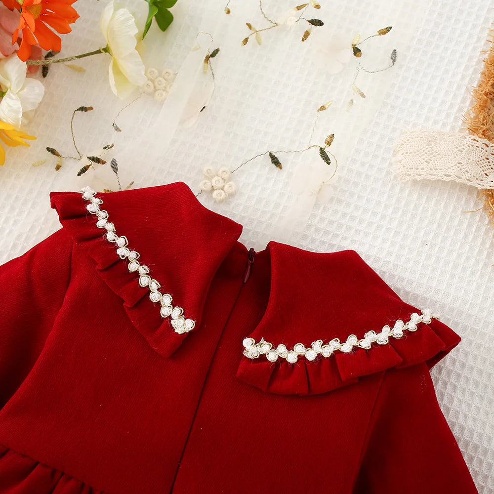Baby Girl Long Sleeve Dress - Autumn Red Cotton Dress