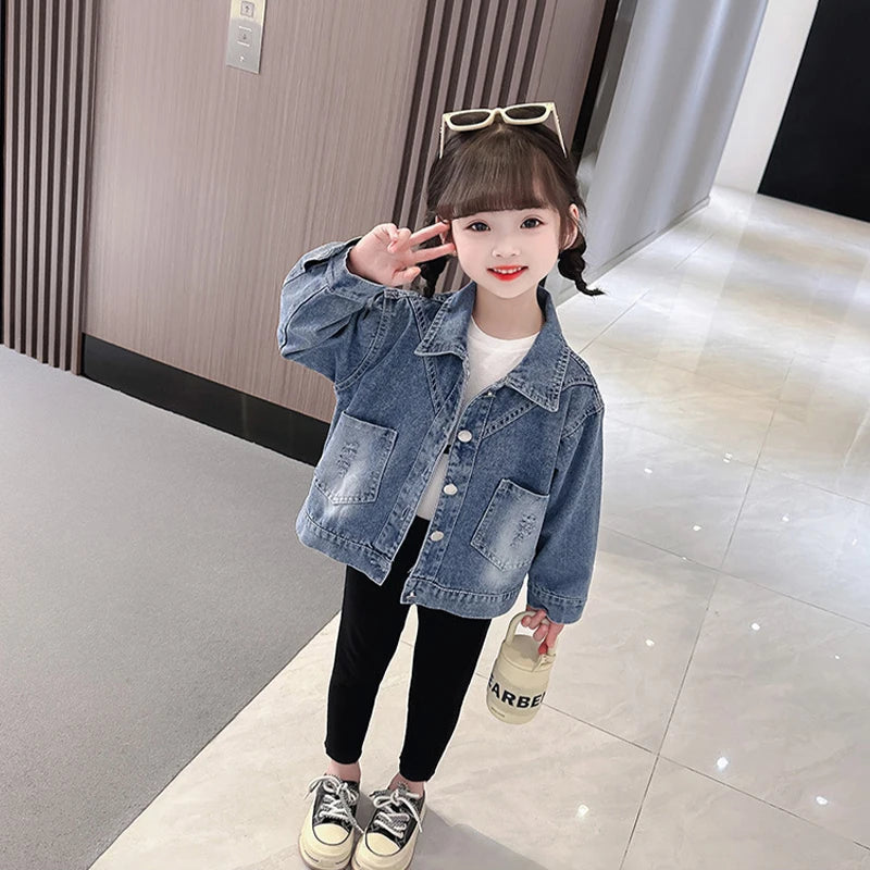 Girls' Denim Jacket – Embroidered Cartoon Rabbit Coat for Kids (Ages 2-7), Autumn Casual Outerwear