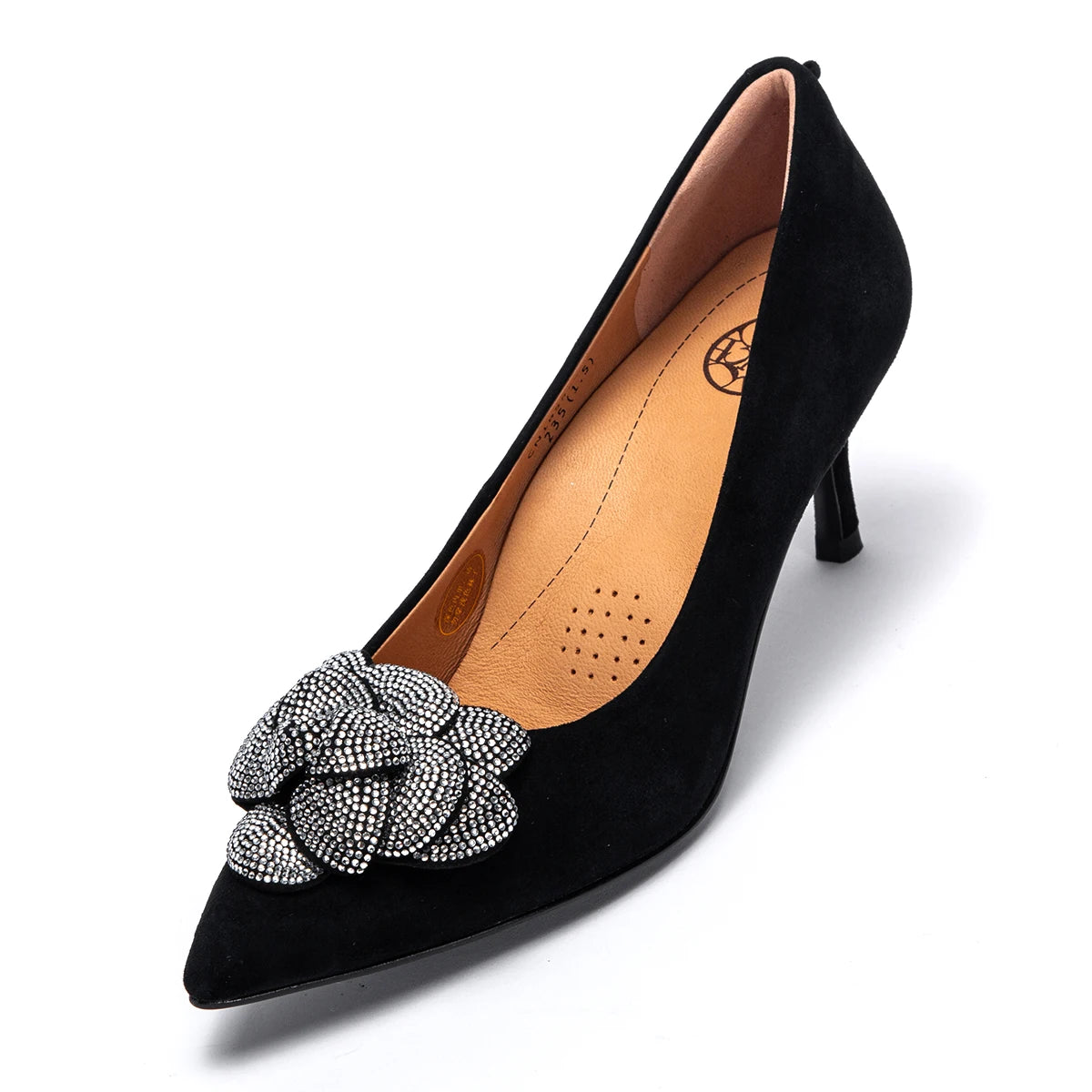 New High Quality Sheep Leather 3D Rose Design High Heels black