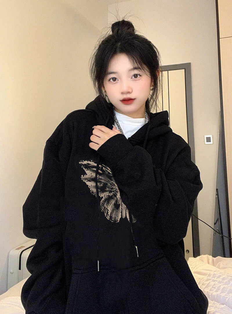 Women’s Black Goth Graphic Print Long Sleeve Hoodie - Y2K Vintage Oversized Sweatshirt