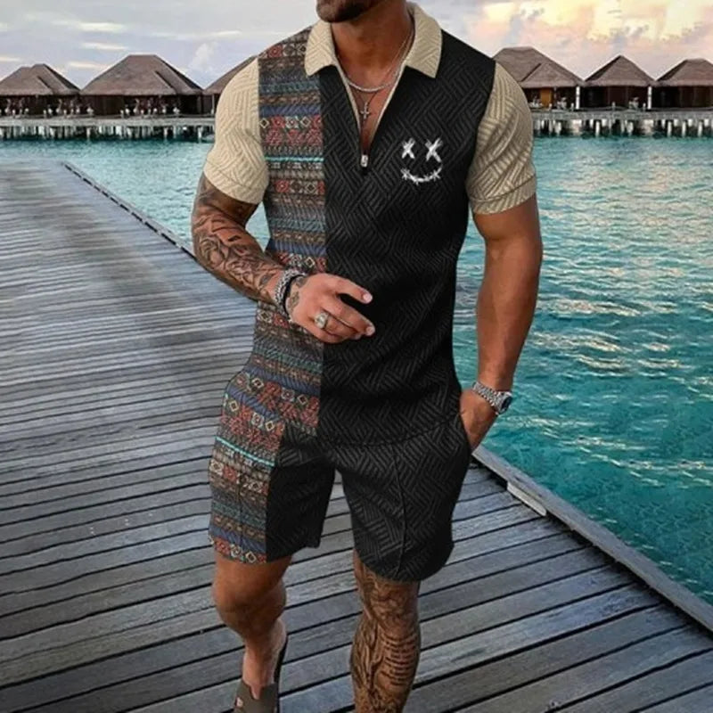Men's 3D Print Summer Tracksuit - Short Sleeve Polo Jogging Set