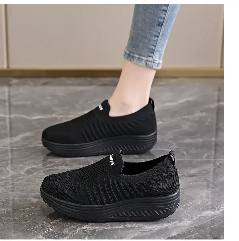 New Comfortable Women's Classic Wedge Sneakers - Black & White Plus Size