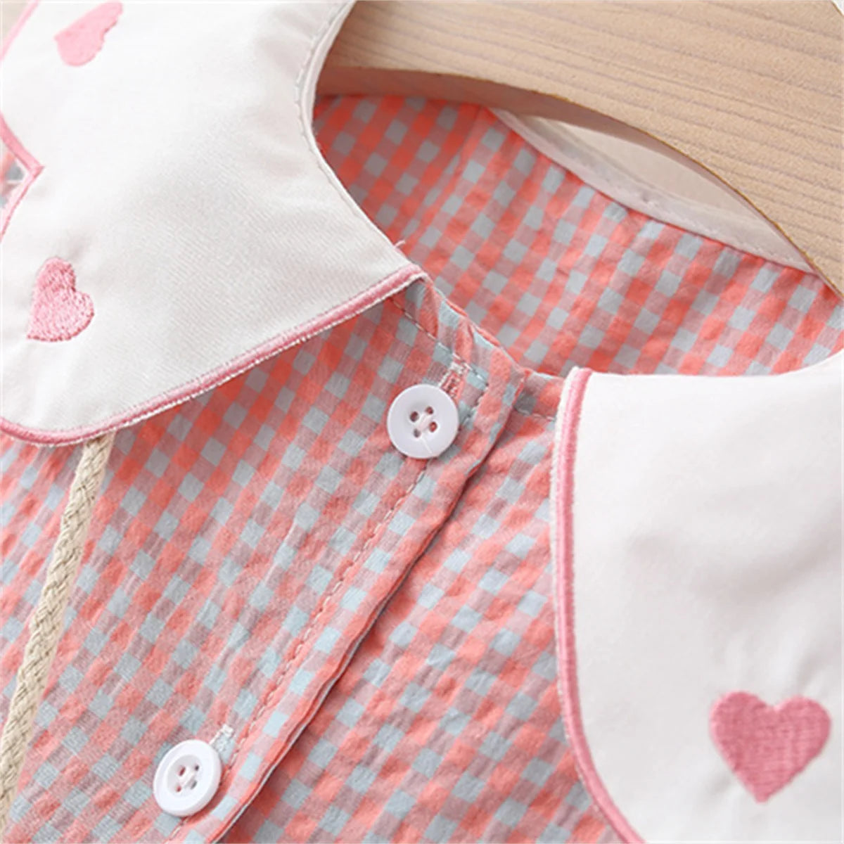Girl's Cotton Dress & Backpack Set – Embroidered Checkered Beach Dress (2 Pieces)