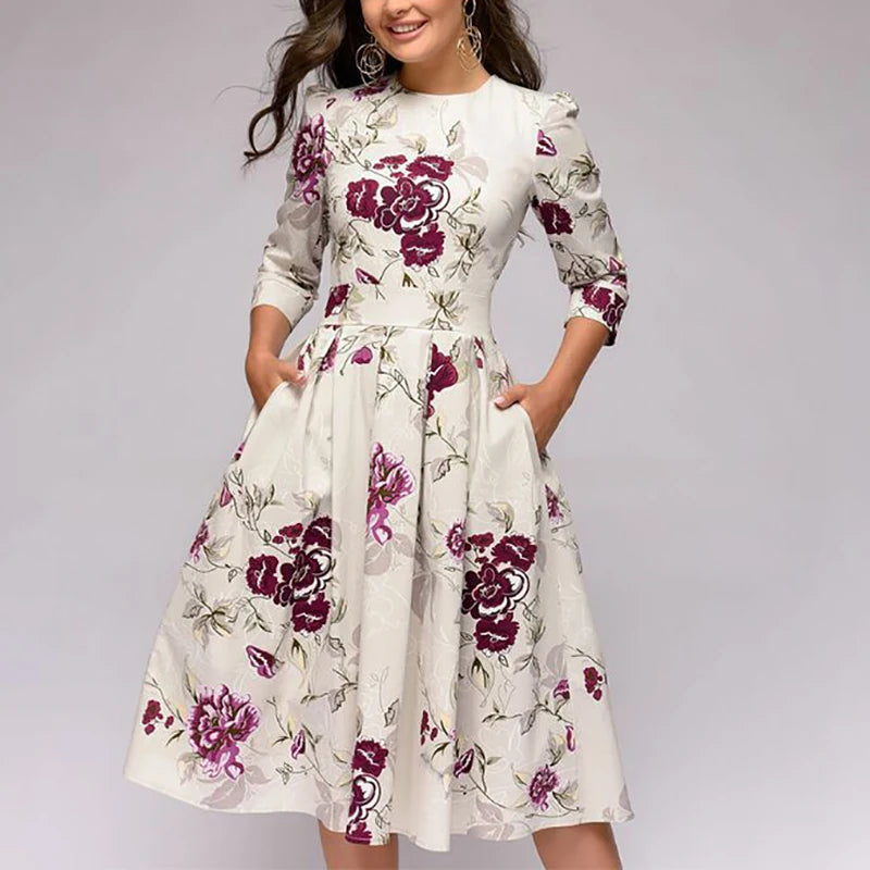 Spring Autumn Office Lady Knee Length Elegant Vintage Long Sleeve Party Dresses Women Floral Printed Dress