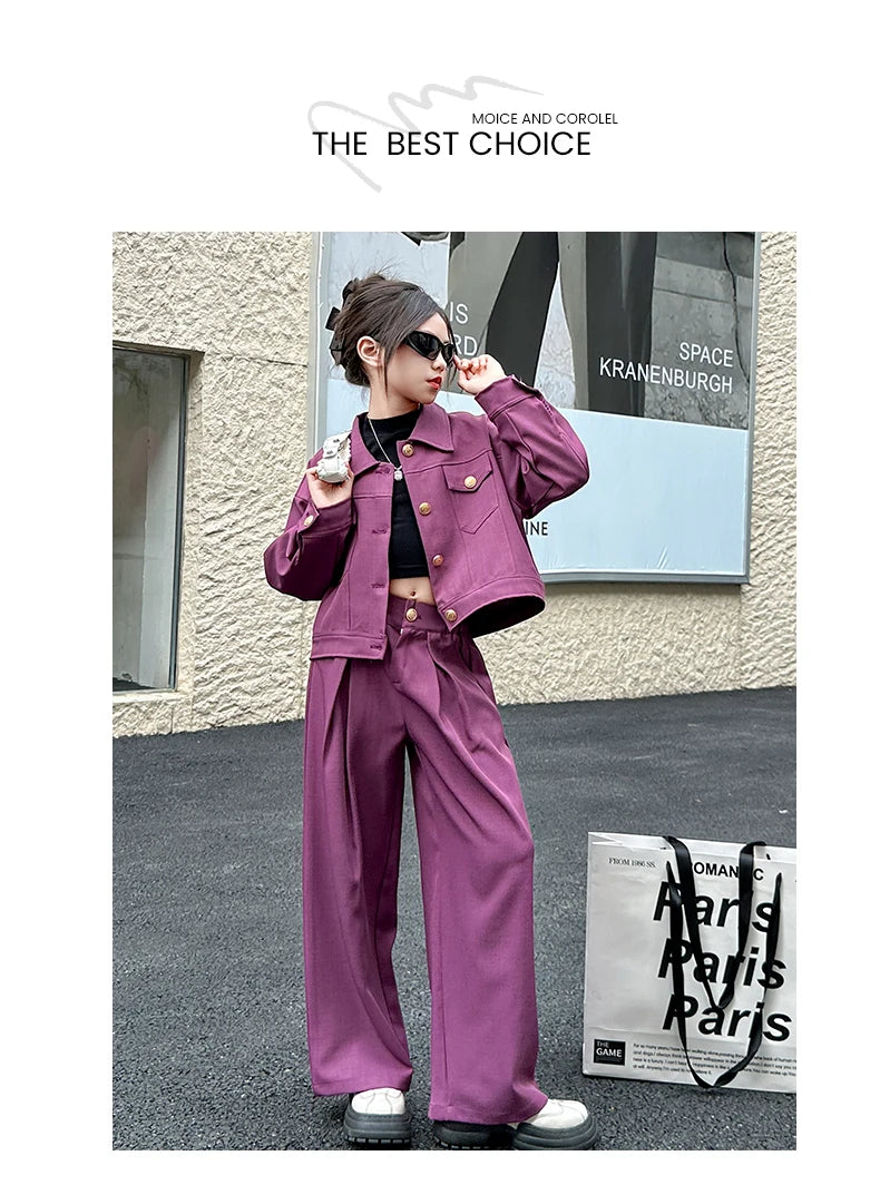 Autumn Girls' 2-Piece Set: Short Jacket & Wide Leg Pants for School