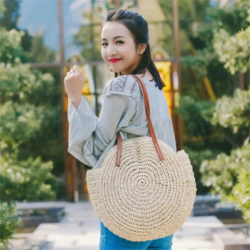 Vintage Round Straw Beach Bag – Handmade Rattan Shoulder Bag, Bohemian Summer Casual Style
