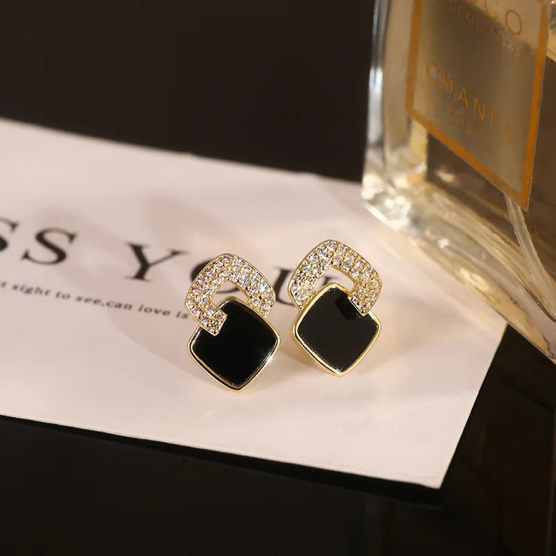 Light Luxury Black Enamel Geometric Square Stud Earrings