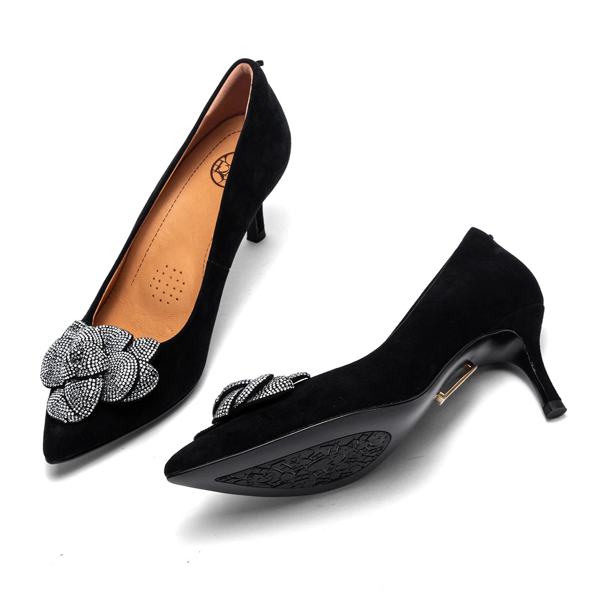 New High Quality Sheep Leather 3D Rose Design High Heels black