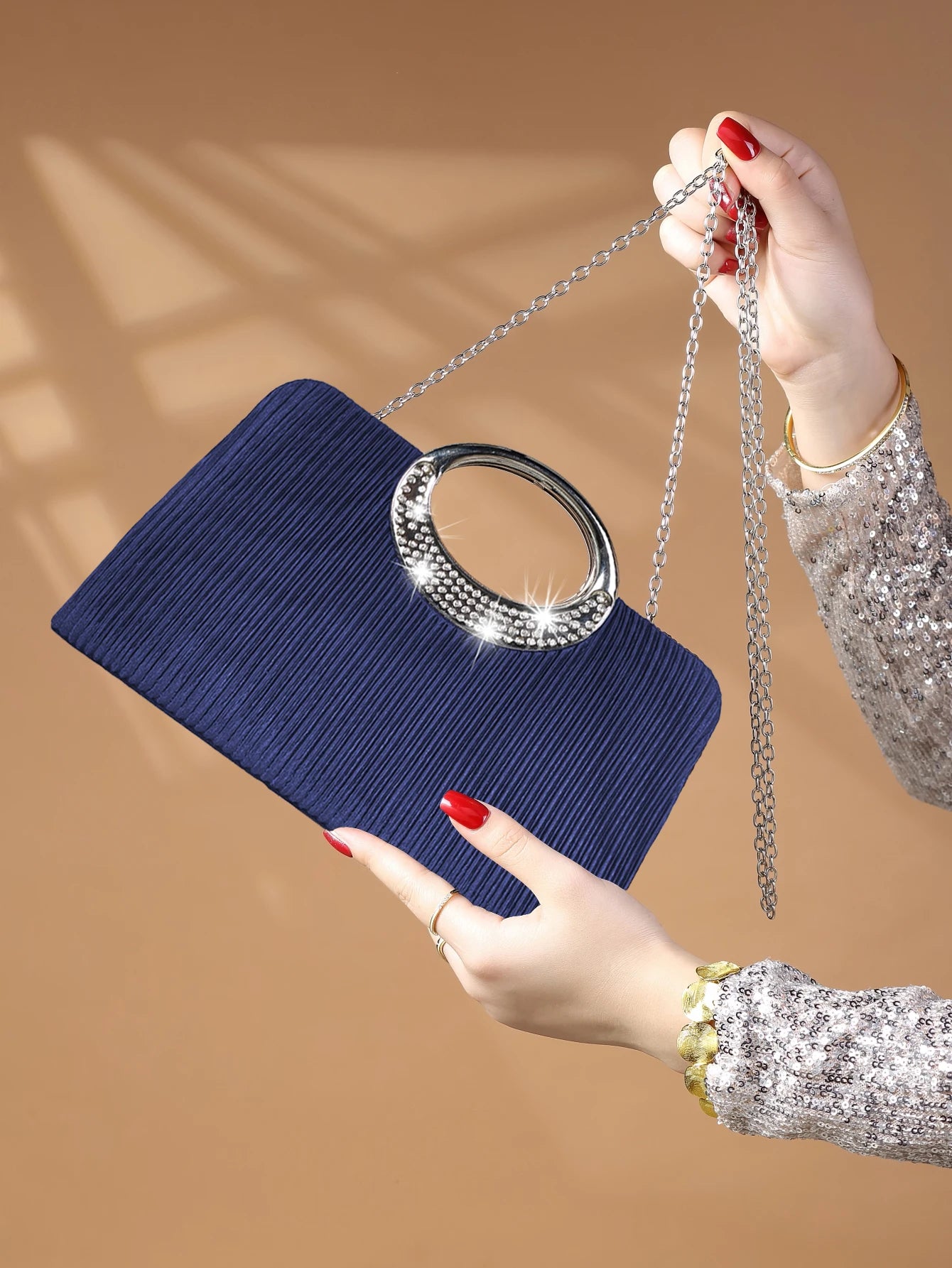 Glamorous Rhinestone Glitter Evening Bag – Luxury Ruched Bridal Purse with Chain