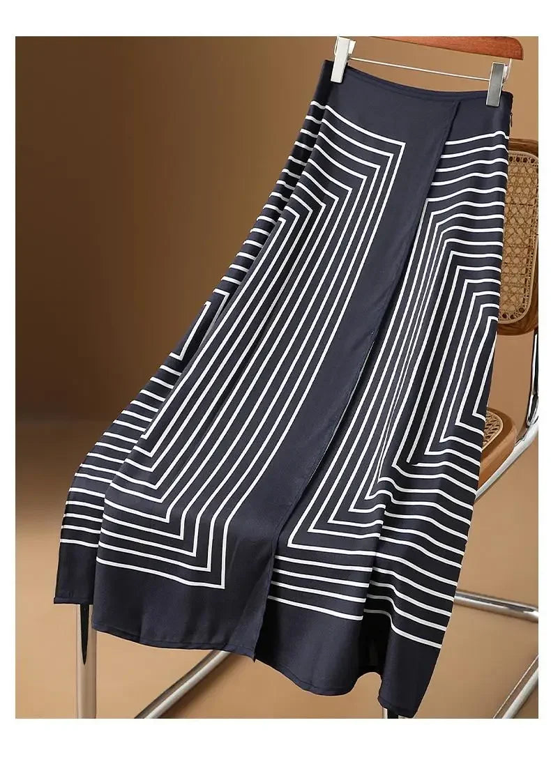 Summer Casual Luxury Black & White Striped Hepburn Style Long Skirt