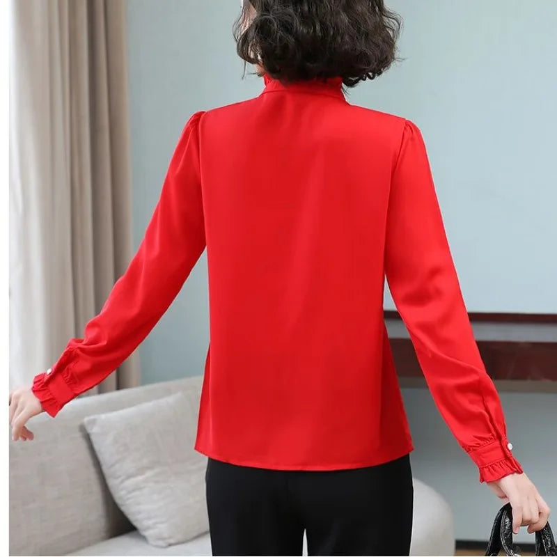 Women's Chiffon Shirt – Standing Collar, Ruffle Patchwork, Long Sleeve for Spring/Autumn
