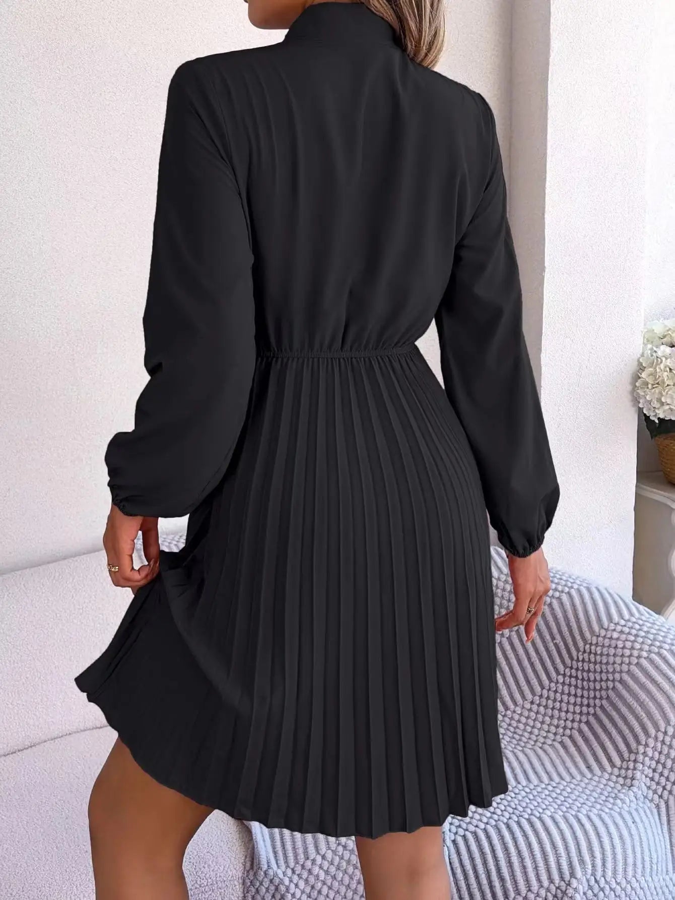 Pure Color, Lace-Up, Long Sleeve, Elastic Waist, Party Pleated Design
