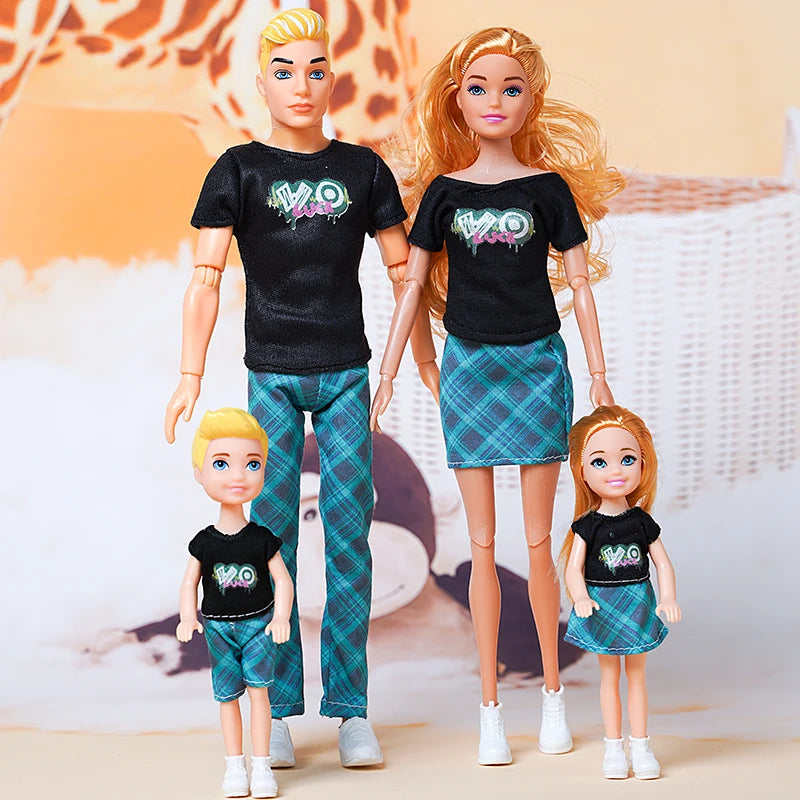Barbie Family Doll Set - 4-Piece: Mom, Dad, Kids, 30cm Dolls with Clothes - Perfect Educational Birthday Gift