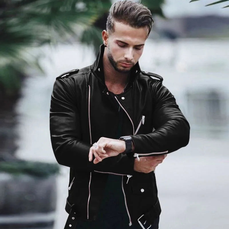 New autumn and winter men Pu leather coat large size standing collar fashion slim zipper leather jacket
