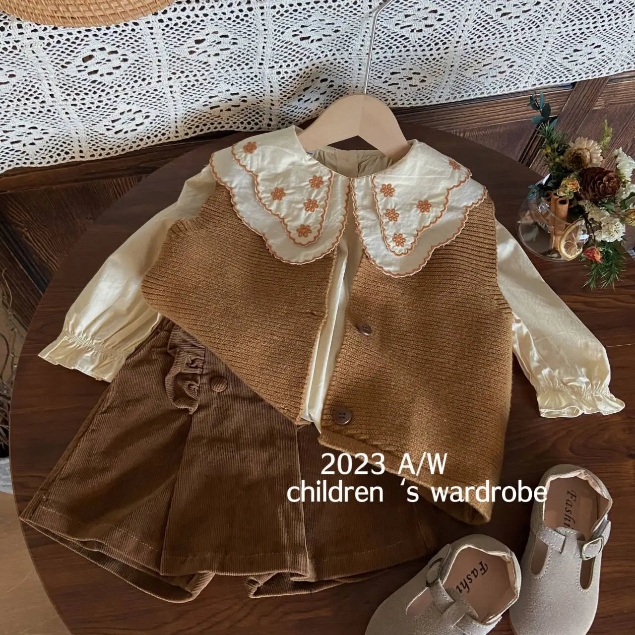 Fall & Winter 3-Piece Girls' Knit Vest Set: Embroidered Shirt & Shorts (2-8Y)