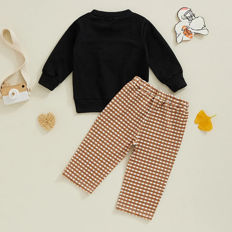 Boy Fall Pants Set Football Embroidered Long Sleeve Round Neck Sweatshirt Plaid Long Pants Outfits