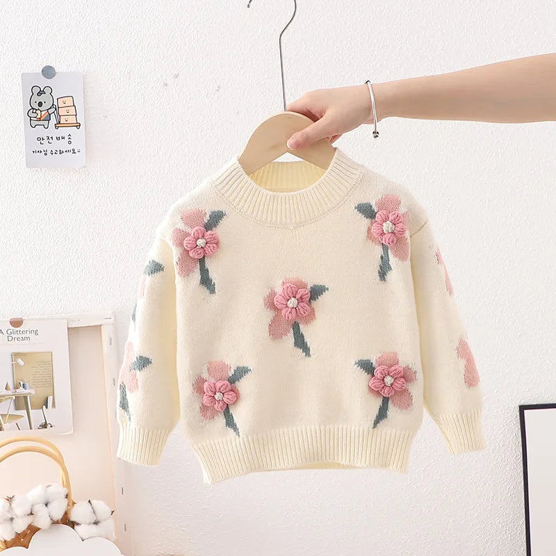 Girls' Knitted Pullover – Cute Flower Design, Warm Base Shirt for Autumn/Winter (Ages 3–8)