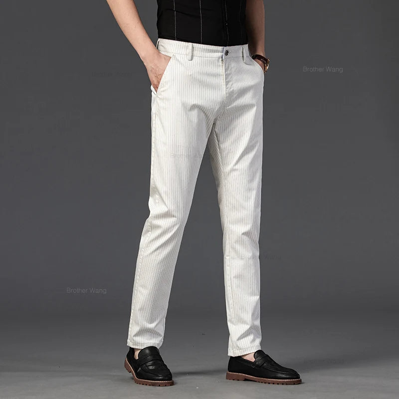 Spring Men's Business Straight Striped Casual Pants High Quality British Fashion Soft Elastic Trousers Black White Khaki Gray