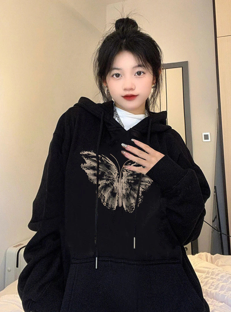 Women’s Black Goth Graphic Print Long Sleeve Hoodie - Y2K Vintage Oversized Sweatshirt
