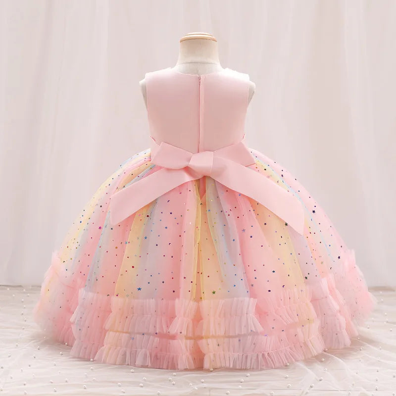 Embroidered Star Sequin Rainbow Dress for Girls