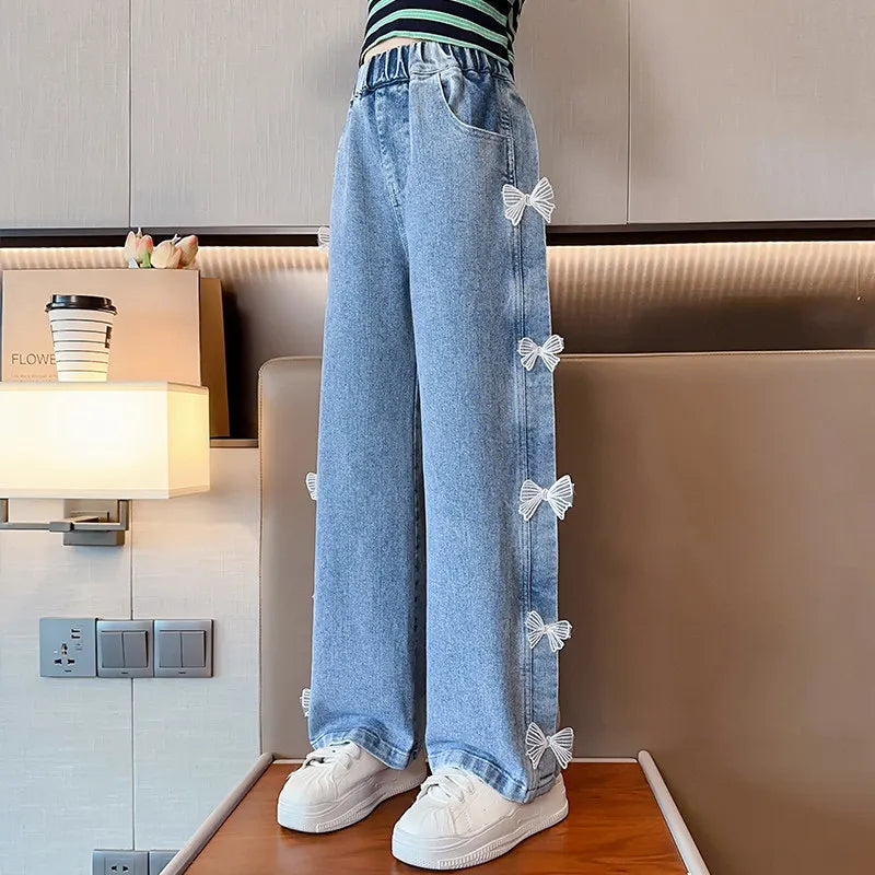 Girls' Wide Leg Jeans with Butterfly Print - Fashion Trousers