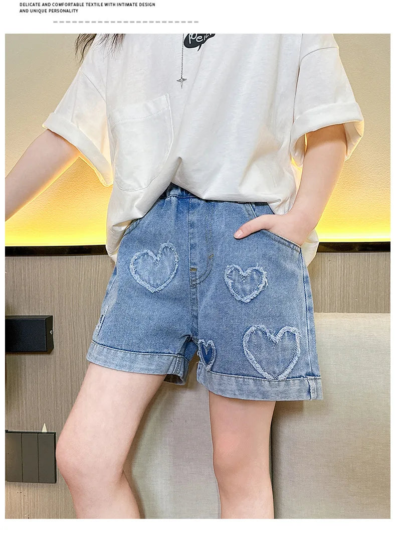 Cute Pearl Heart Denim Shorts for Girls