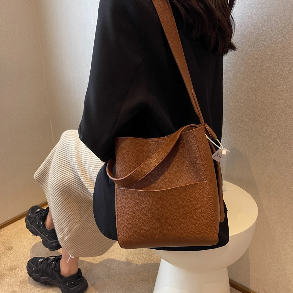Wide Strap Leather Handbag - Women's Soft Casual Bucket Tote, Large Capacity & Multi-Function