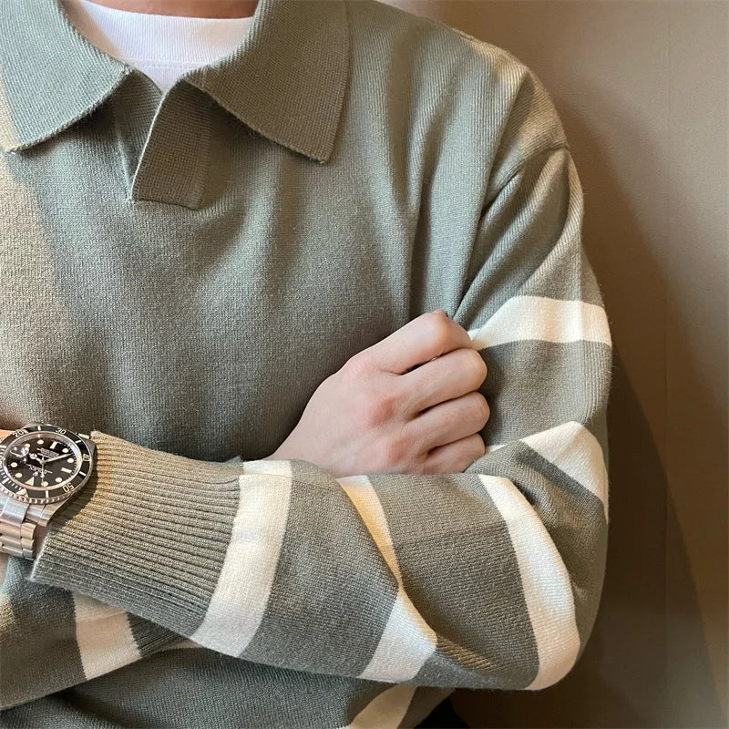 Men's Autumn Striped Lapel Sweater – Casual Y2K Knit Pullover.