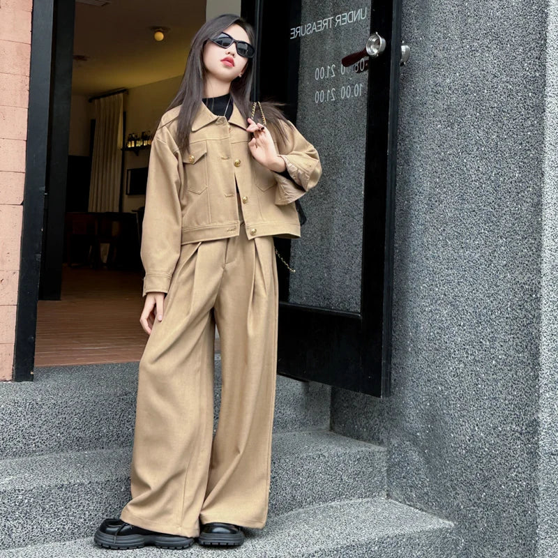 Autumn Girls' 2-Piece Set: Short Jacket & Wide Leg Pants for School