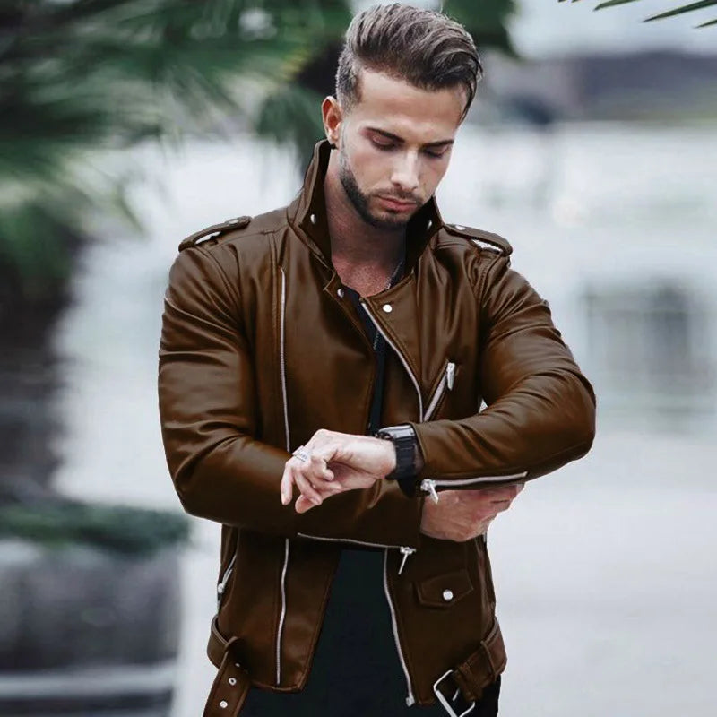 New autumn and winter men Pu leather coat large size standing collar fashion slim zipper leather jacket